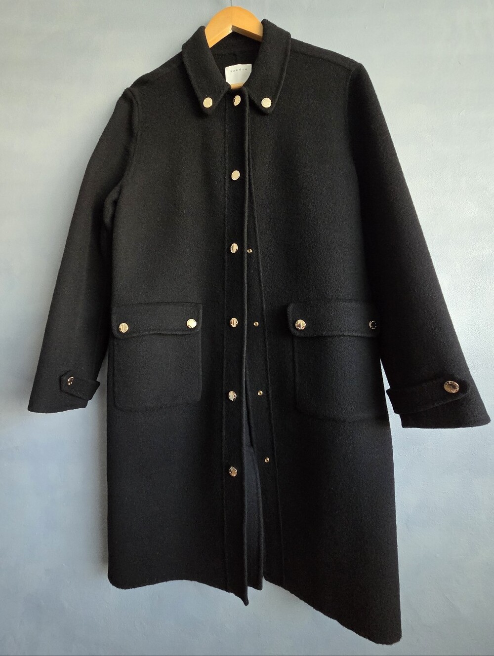 SANDRO PARIS BLACK WOOL BLEND, GOLD SNAPS MID LENGTH JACKET SIZE 38, EUC - Picture 14 of 15